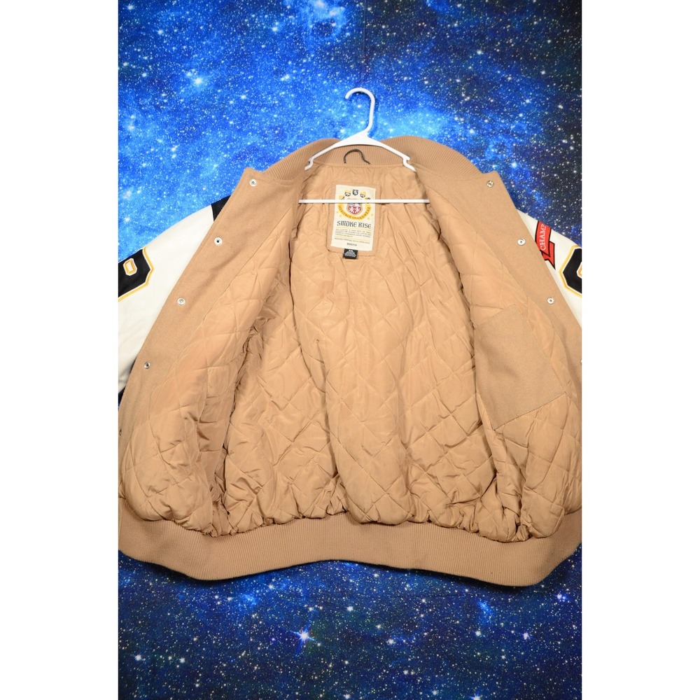 Smoke Rise Varsity Jacket Mens 2XL Tan White Letterman Quilted Snap Patches - Picture 5 of 10